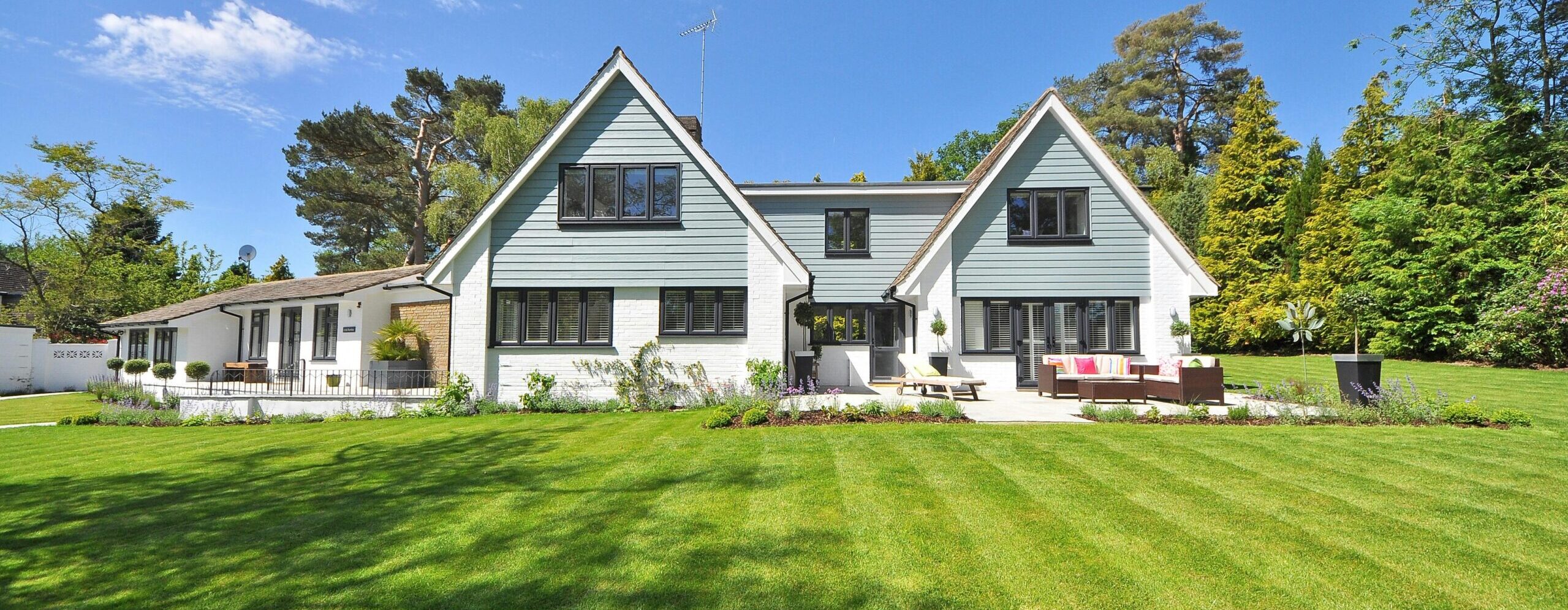 Modern family home exterior showcasing a large lawn and garden under a clear blue sky.
